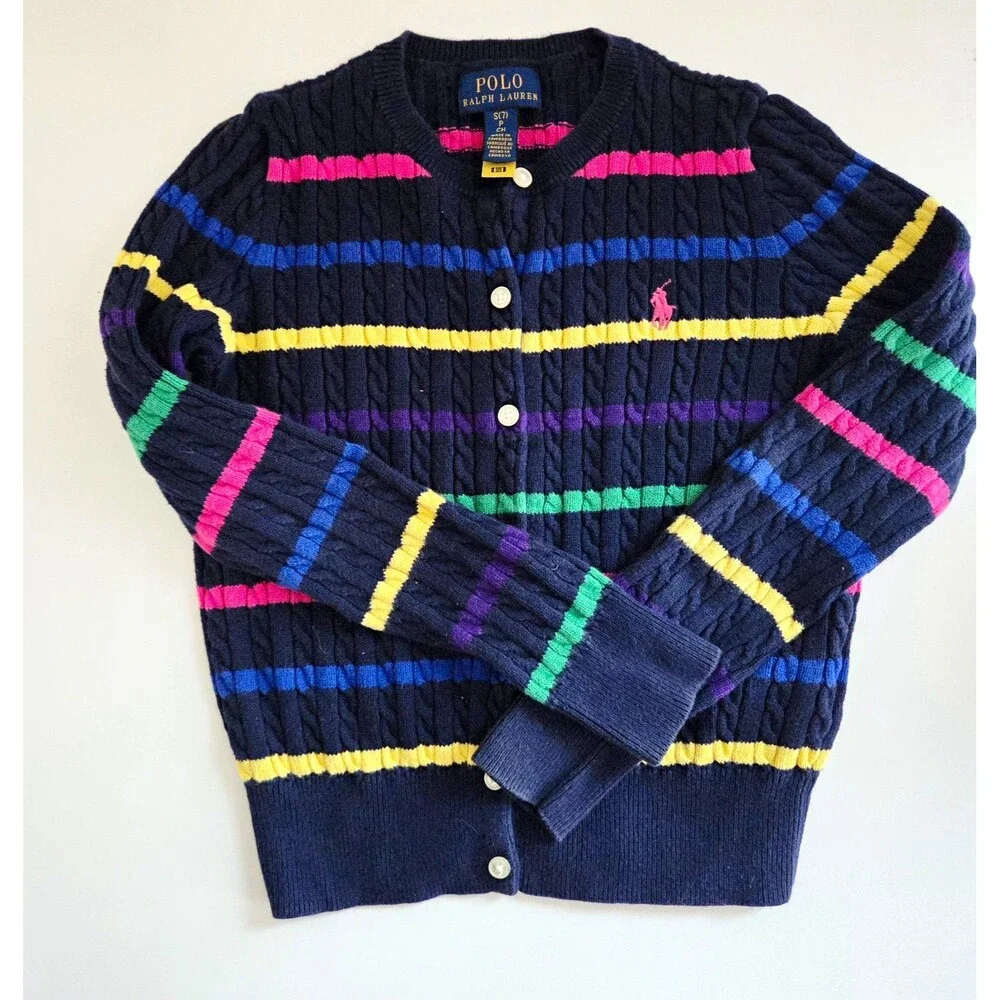 Polo Ralph Lauren girls 7 Navy Multicolor Cable-Knit Striped Cardigan Sweater
